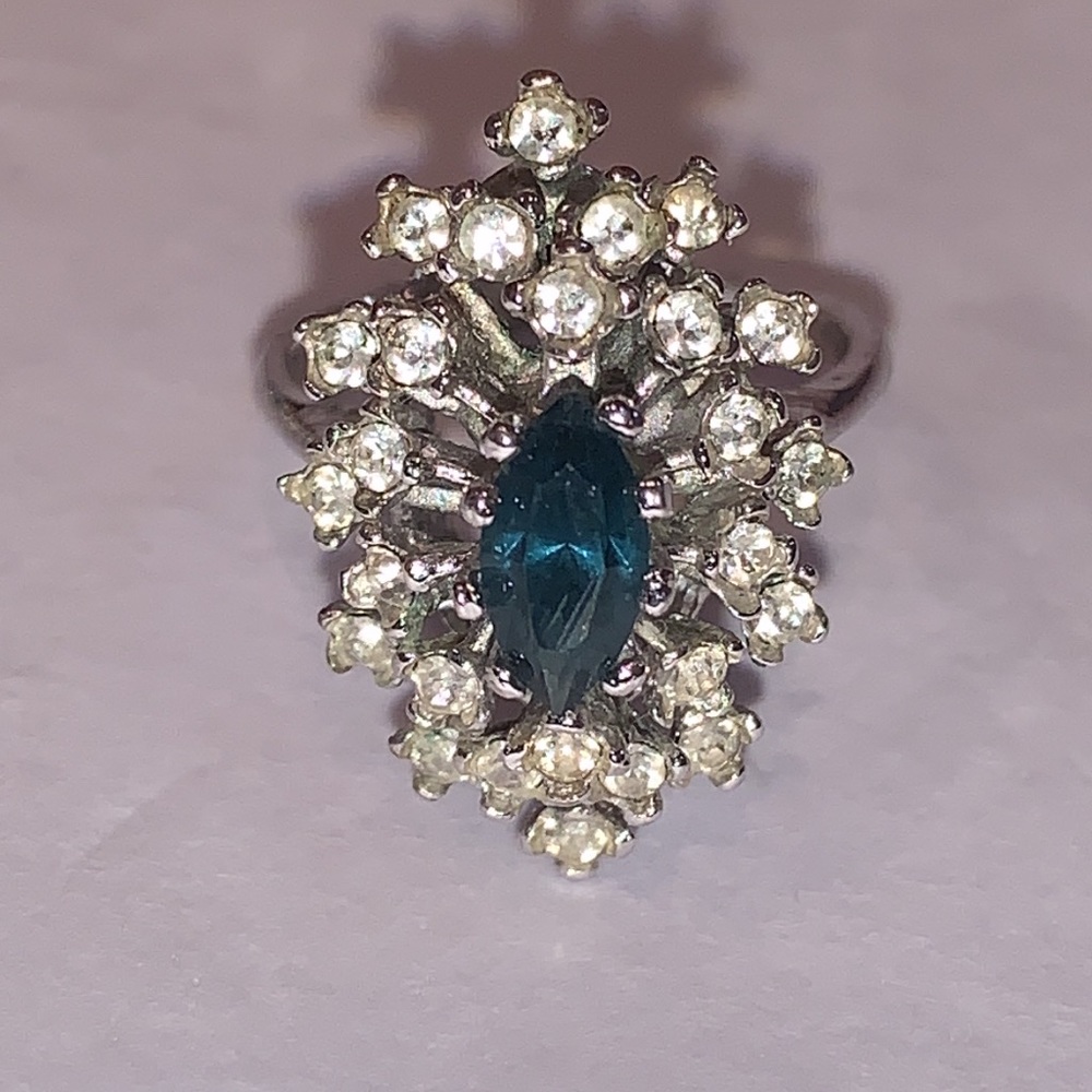 18k Gold Filled Vintage Silver Sapphire and CZ Three Tier Cocktail Ring.